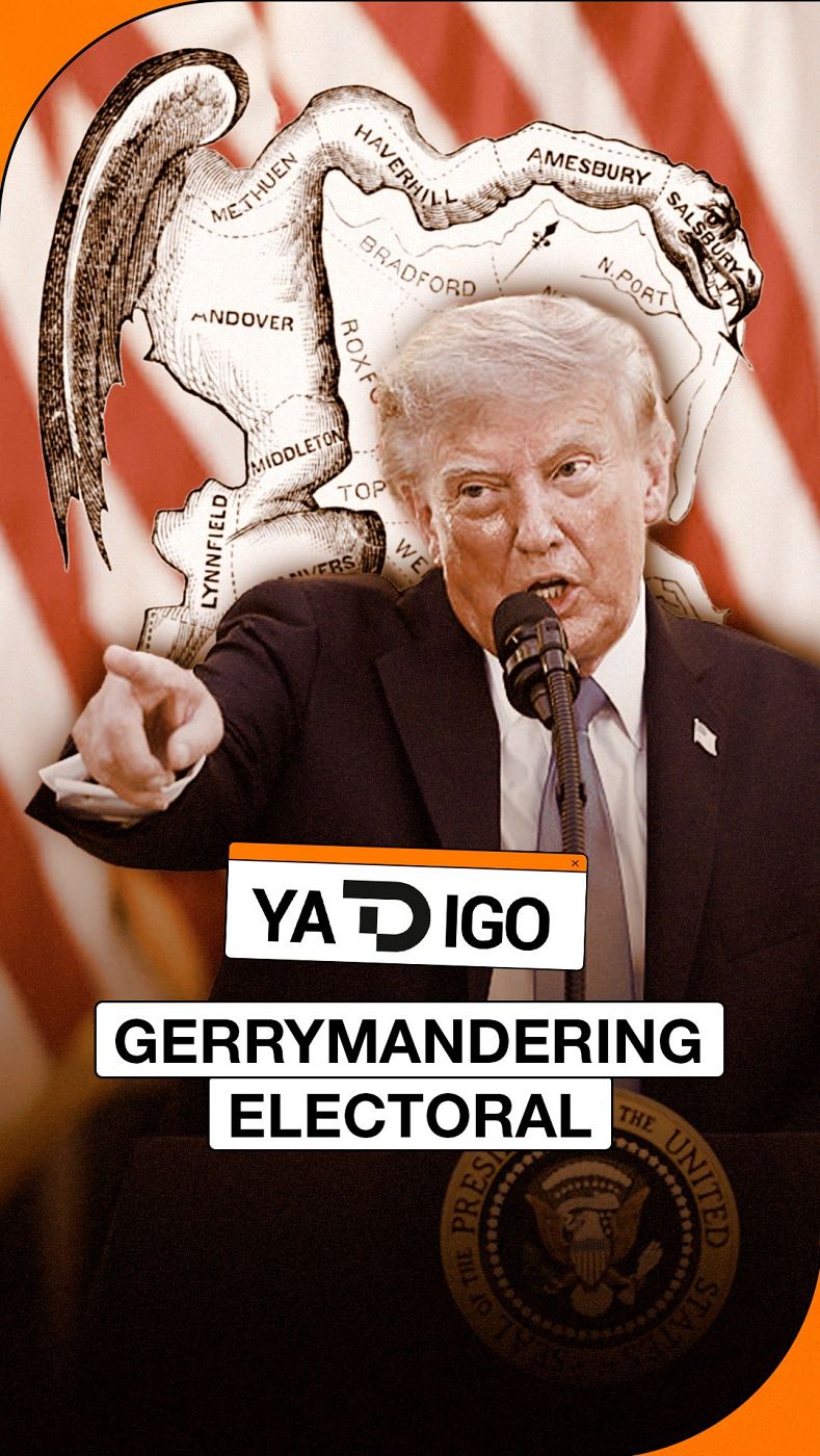 Donald Trump habla en un micrófono, señalando, con un mapa de "gerrymandering" y el titular "GERRYMANDERING ELECTORAL" de "YA D IGO" de fondo.