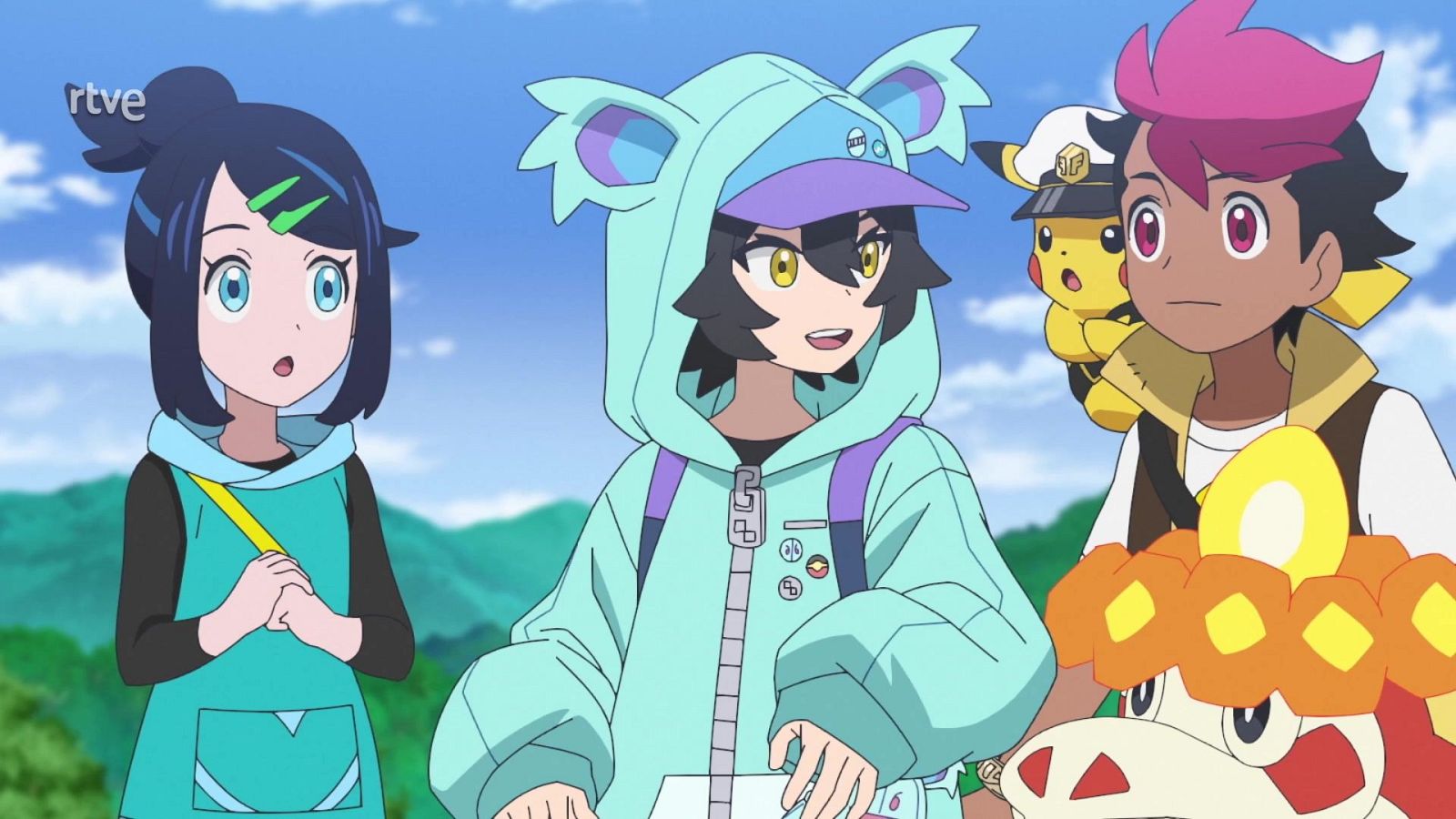Tres jóvenes y dos Pokémon en un entorno natural. Liko, Dot y Roy, junto a Capitán Pikachu y Fuecoco, observan algo con diversas expresiones.