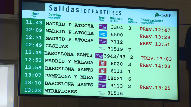 Pantalla de salidas de trenes con información de hora, destino, tren, número, vía y observaciones. Se destacan retrasos previstos en rojo para trenes AVE, Ouigo e Iryo.