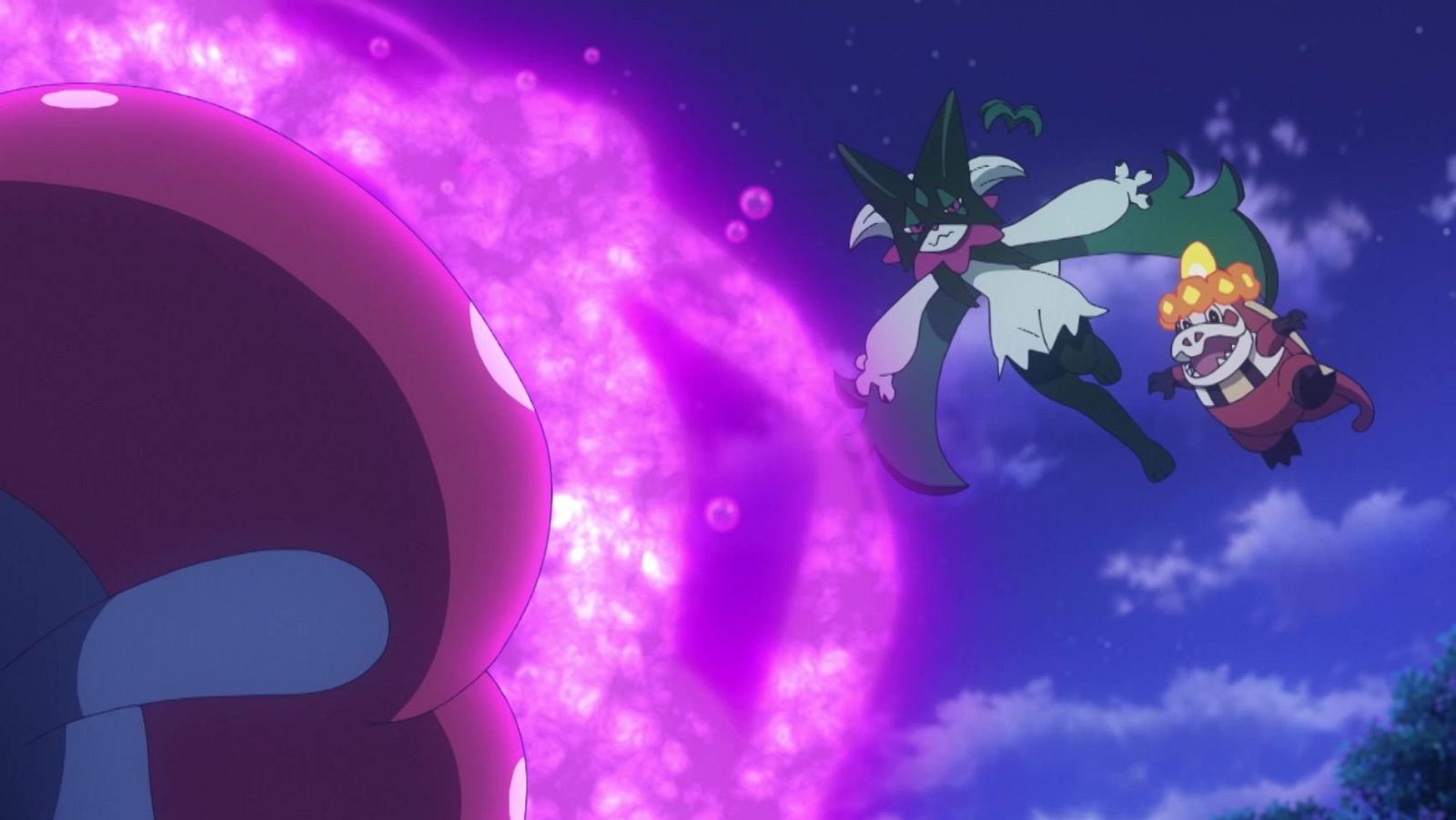 Meowscarada y Crocalor luchan en un cielo nocturno, con una gran masa de energía púrpura y un objeto magenta en primer plano. Contexto: Pokémon Horizontes.