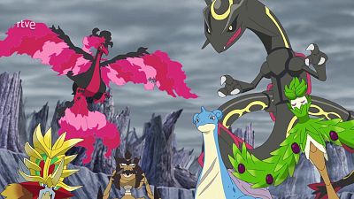Seis Pokémon, incluyendo Moltres de Galar, Mega Rayquaza, Rillaboom, Urshifu, Lapras y Shaymin, posan sobre un paisaje rocoso con el logo de "rtve" en la esquina superior izquierda.