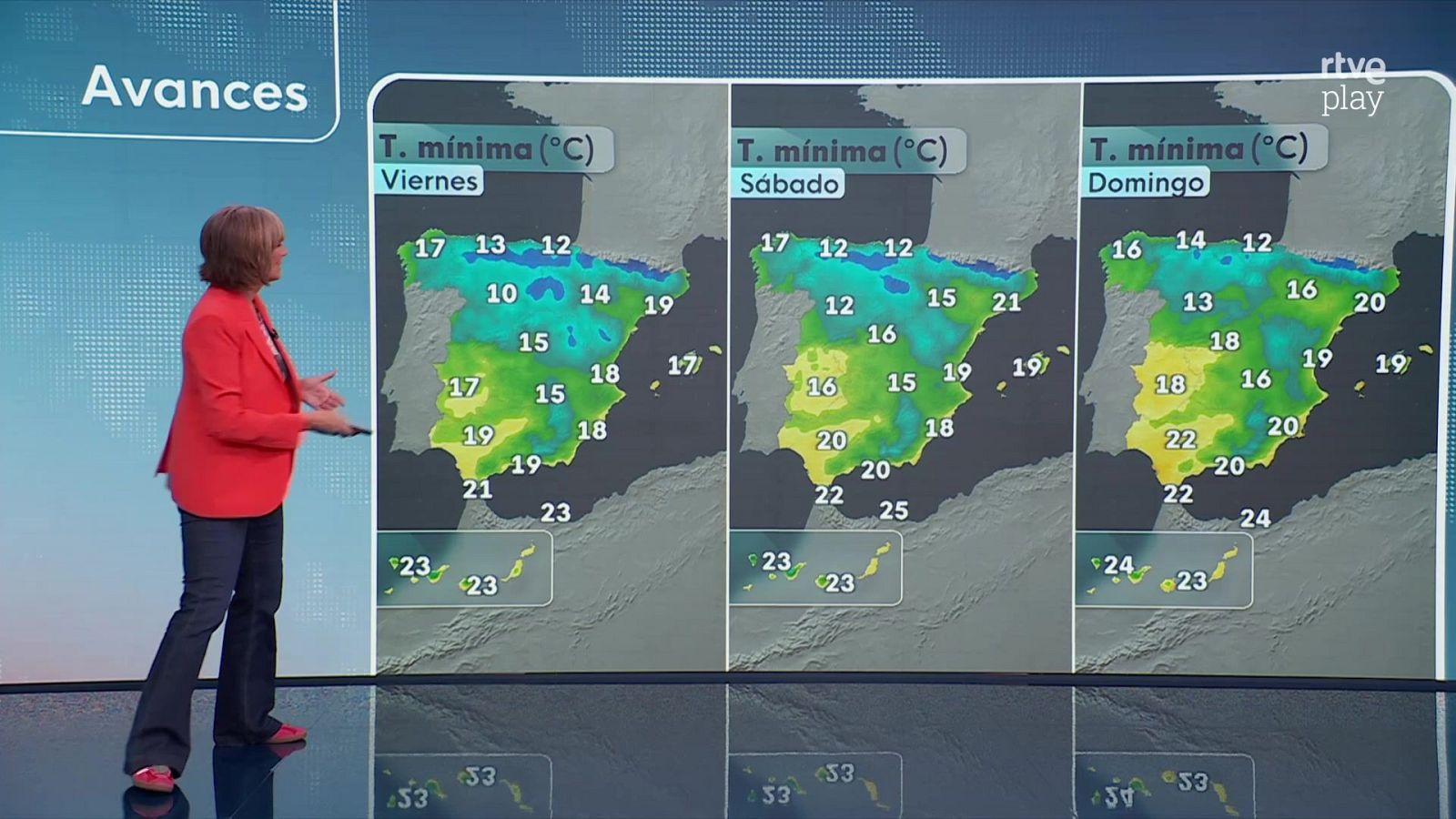 Mónica López presenta un pronóstico del tiempo en un estudio, señalando una pantalla con temperaturas mínimas para el fin de semana en España y Canarias.