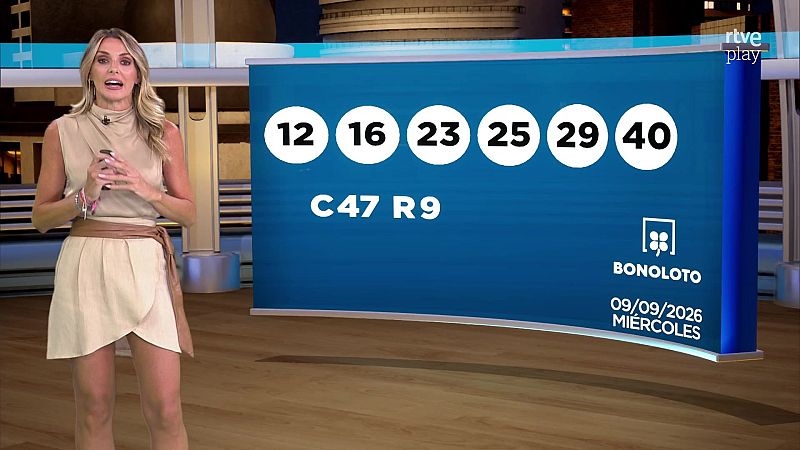Sandra Daviú presenta los resultados de la Bonoloto del miércoles 09/09/2026 en RTVE. Los números ganadores son 12, 16, 23, 25, 29, 40, con complementario C47 y reintegro R9.
