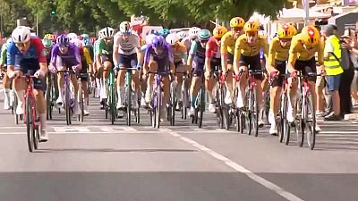 Pelot�n de ciclistas profesionales en carrera por carretera asfaltada. Ciclistas con maillots y cascos de diversos colores, incluyendo amarillo brillante con distintivos rojos. Se aprecian espectadores y un sem�foro en verde.