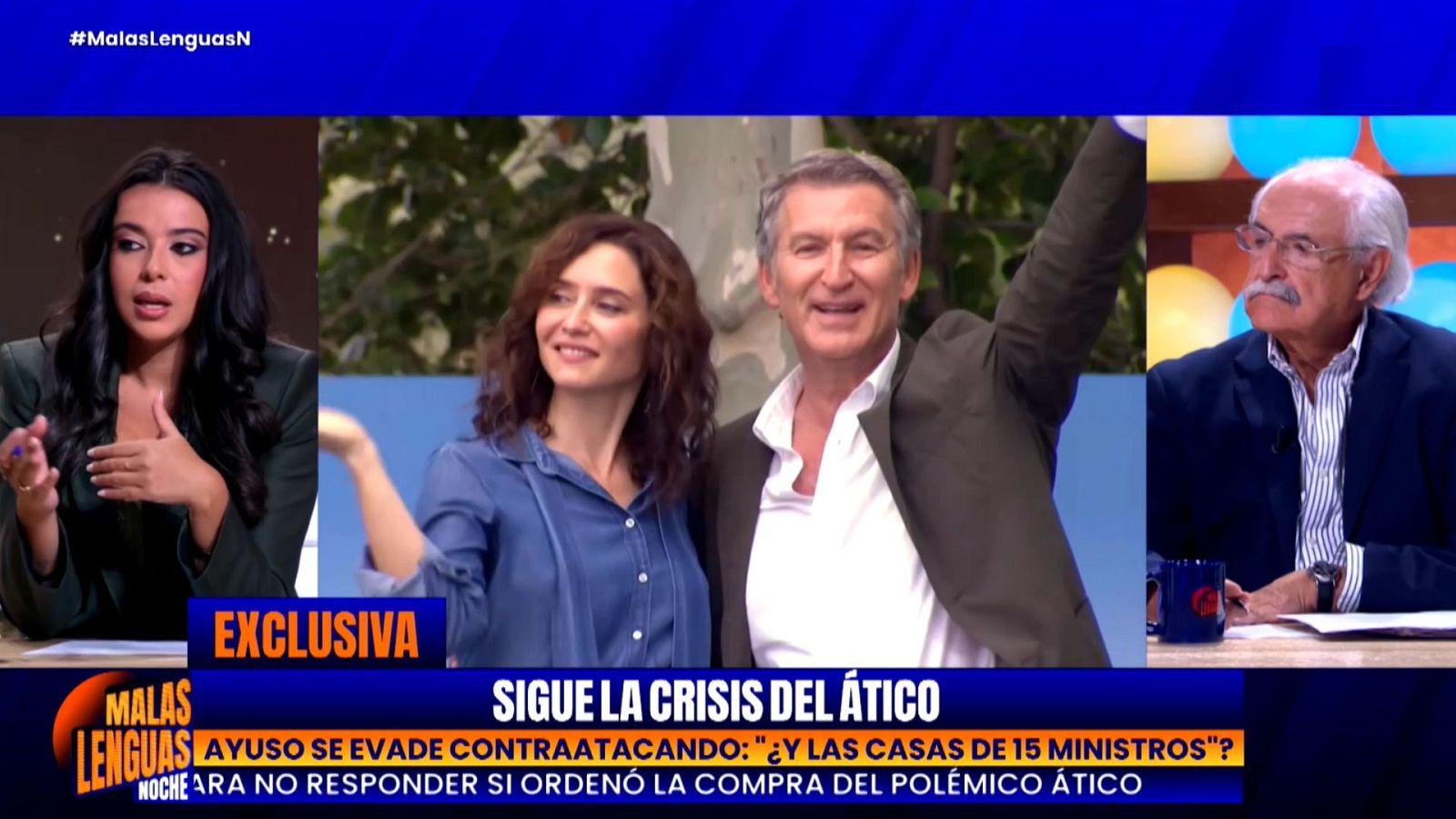 Captura de "Malas Lenguas Noche" con titulares sobre Ayuso y la "crisis del ático", mostrando a Cristina Pardo, Isabel Díaz Ayuso, José Luis Martínez-Almeida y Antonio García Ferreras.
