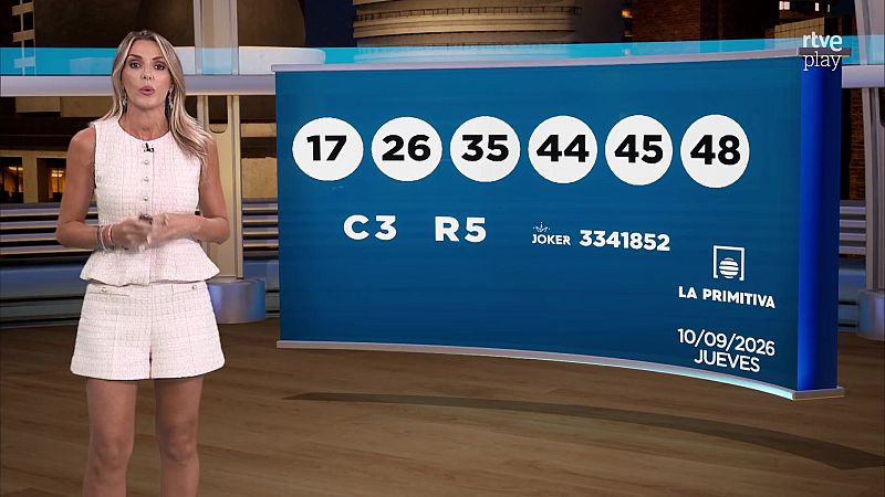 Sandra Daviú presenta los resultados de La Primitiva del 10/09/2026 en un estudio de televisión, con la pantalla mostrando los números 17, 26, 35, 44, 45, 48, C3, R5 y el Joker 3341852.