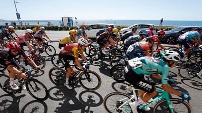 Ciclistas compiten en una carrera costera bajo el sol. Se aprecian maillots de "KERN PHARMA" y "COFIDIS", dorsales y bicicletas "GIANT".