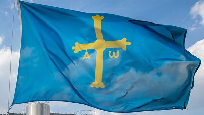 Bandera del Principado de Asturias, azul celeste con la Cruz de la Victoria dorada, Alfa y Omega. Cielo azul con nubes y elementos en la base.