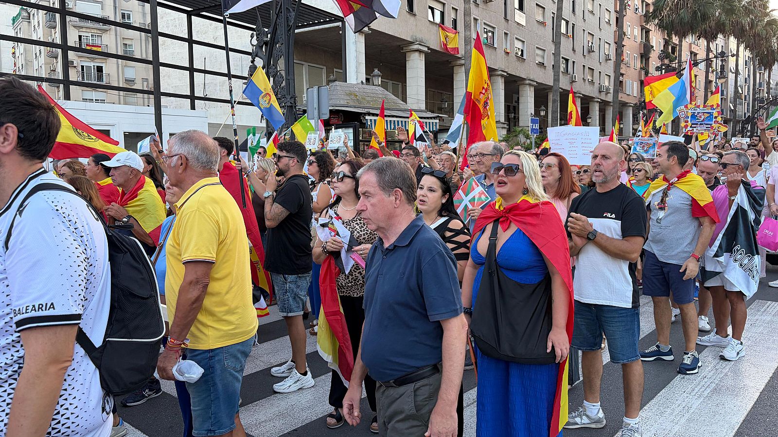 Manifestación en calle urbana con gran afluencia de personas portando banderas de España y autonómicas. Se aprecian detalles de individuos en primer plano con logos de marcas y vestimenta variada.
