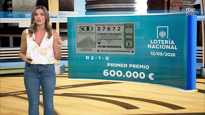 Marta Solano presenta el primer premio de la Lotería Nacional: 600.000 € para el número 37872, sorteo del 12/09/2026.