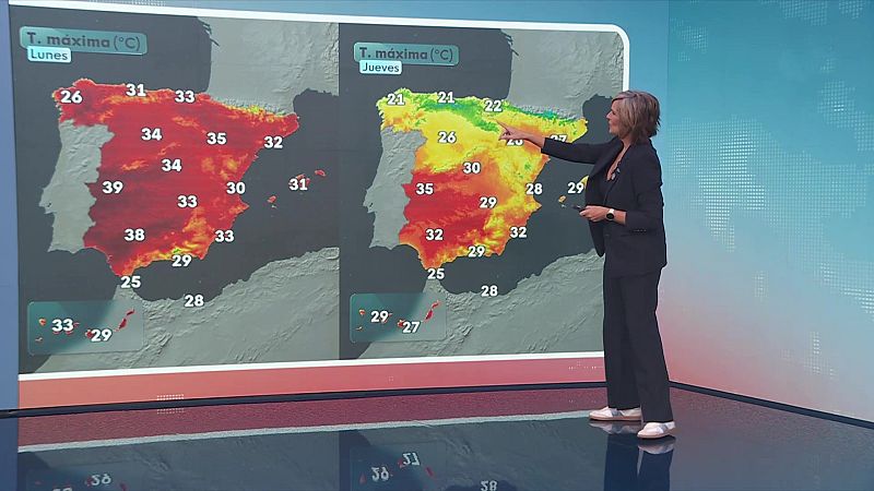 Mónica López en estudio de televisión, señalando mapa del tiempo con temperaturas máximas (°C) para Lunes y Jueves en España.