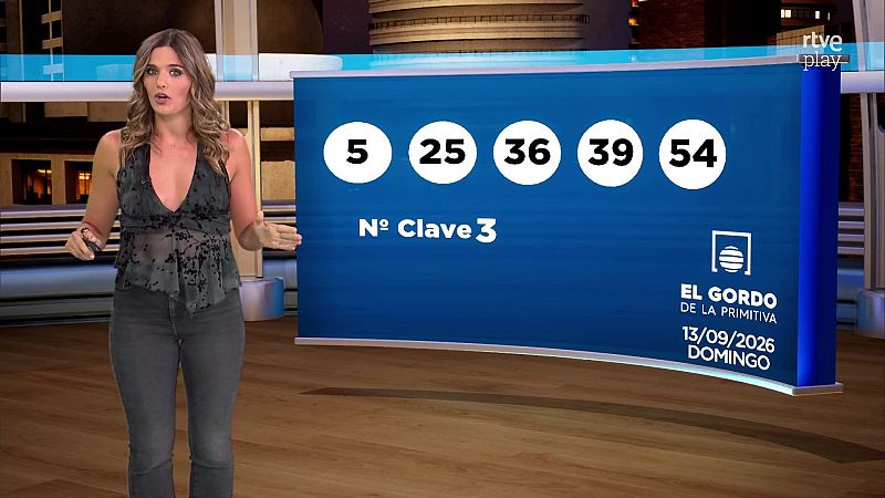 Sandra Daviú presenta "El Gordo de la Primitiva" con los números 5, 25, 36, 39, 54 y Nº Clave 3. Sorteo del 13/09/2026 DOMINGO.
