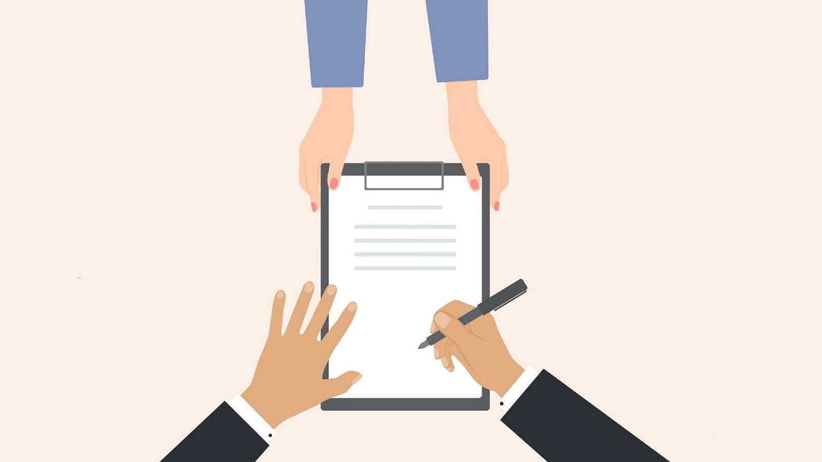 Manos con uñas rojas sostienen un portapapeles con un documento, mientras otras manos abajo parecen firmar o revisar el papel con un bolígrafo en una ilustración de estilo plano.
