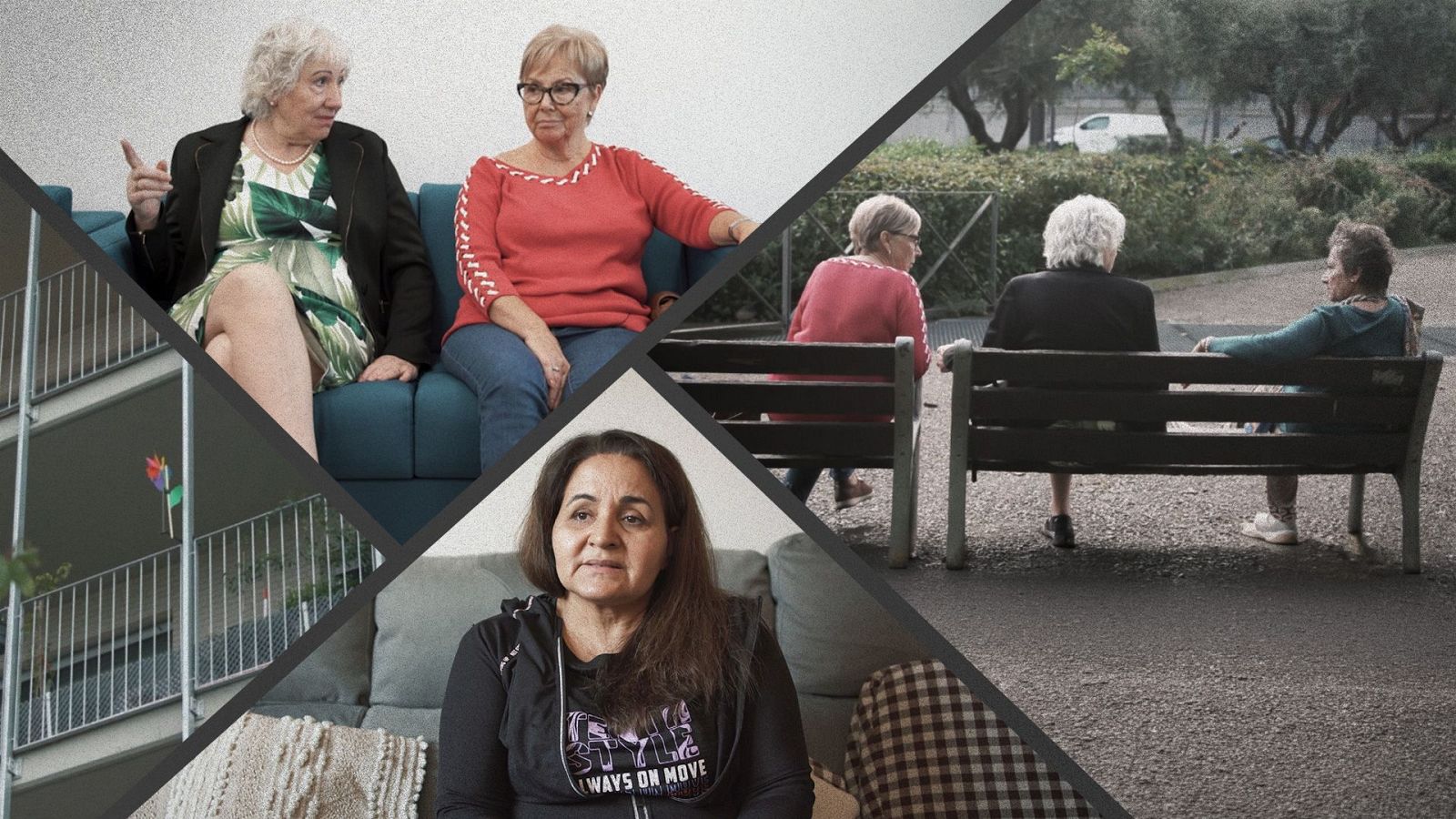 Collage de cuatro escenas: mujeres mayores conversando, edificio moderno con bandera arcoíris, mujer con sudadera "ALWAYS ON MOVE" y mujeres mayores en un parque.