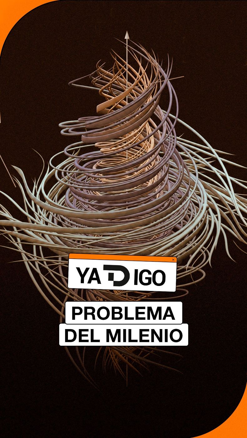 Estructura abstracta en espiral con filamentos beige y blancos, sobre fondo oscuro. Tres recuadros inferiores con texto: "YA D IGO", "PROBLEMA", "DEL MILENIO". Detalle naranja superior izquierdo.