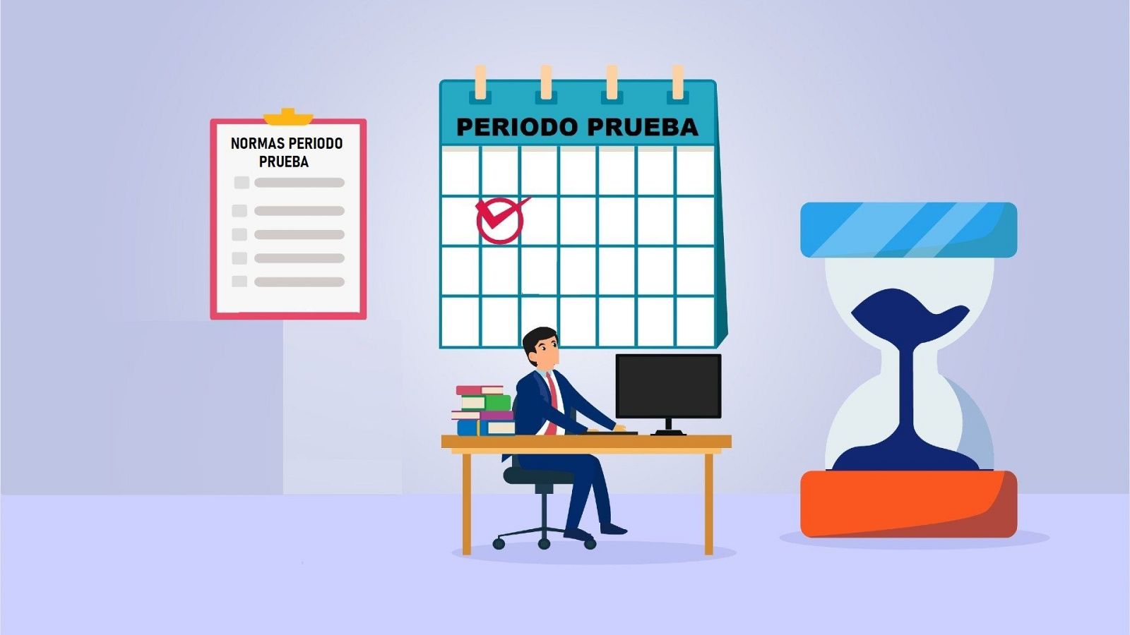 Ilustración de un periodo de prueba laboral con normas, calendario, hombre trabajando y reloj de arena, simbolizando tiempo y reglas.