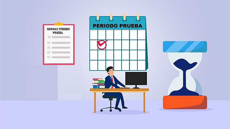 Ilustración de un periodo de prueba laboral con normas, calendario, hombre trabajando y reloj de arena, simbolizando tiempo y reglas.