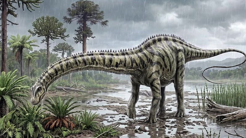 Ilustración de un Diplodocus en un entorno prehistórico lluvioso, con vegetación, terreno fangoso y un bosque al fondo.