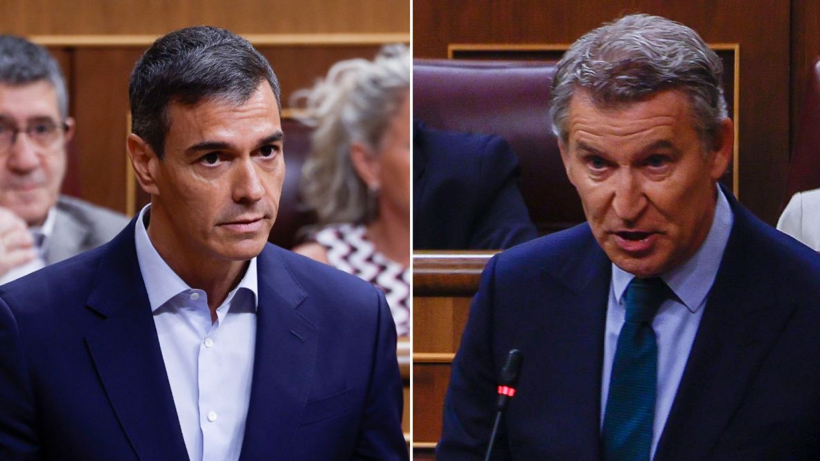 El presidente del Gobierno, Pedro Sánchez, y el líder del PP, Alberto Núñez Feijóo, en la sesión de control al Gobierno