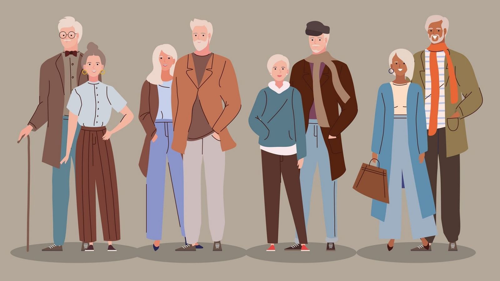Ocho adultos mayores diversos, con diferentes vestimentas y tonos de piel, posan en fila sobre un fondo liso. Se aprecian detalles como gafas, bastón, bufandas y peinados variados.