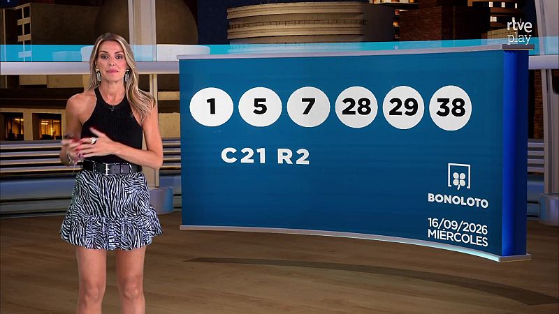 Sandra Daviú presenta los números ganadores de la Bonoloto: 1, 5, 7, 28, 29, 38. Sorteo del miércoles 16/09/2026. Logo RTVE Play visible.