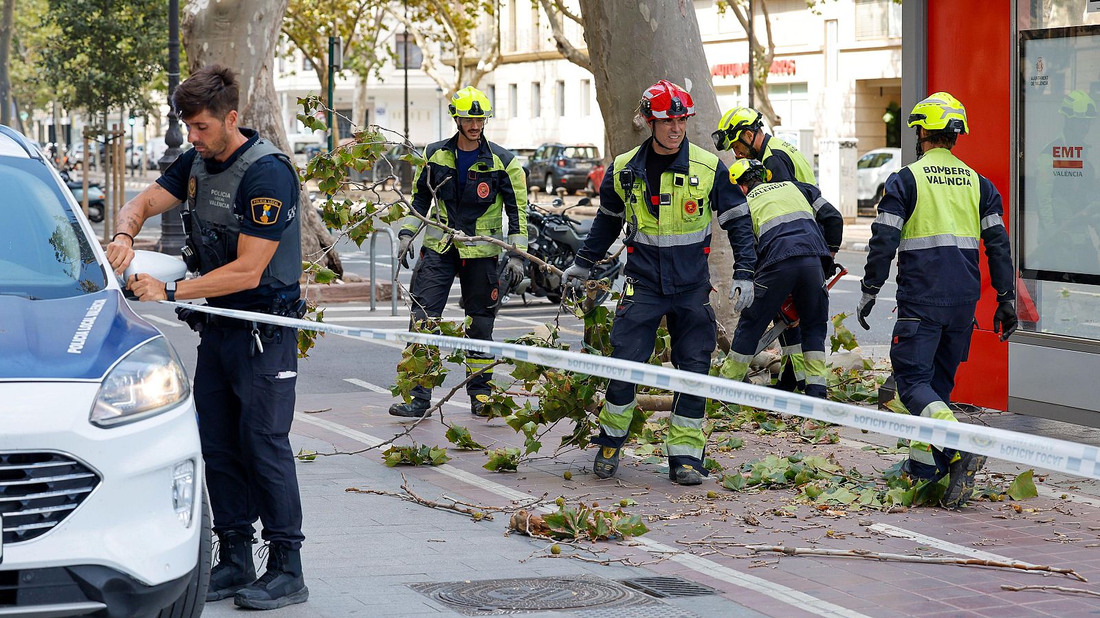 Policía Local y Bomberos de Valencia retiran ramas caídas en la vía pública. Se observa acordonamiento de zona y labor de limpieza con herramientas.