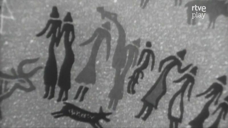 Arte rupestre monocromático con figuras humanas y animales, evocando la prehistoria. Incluye el logo 'rtve play'.