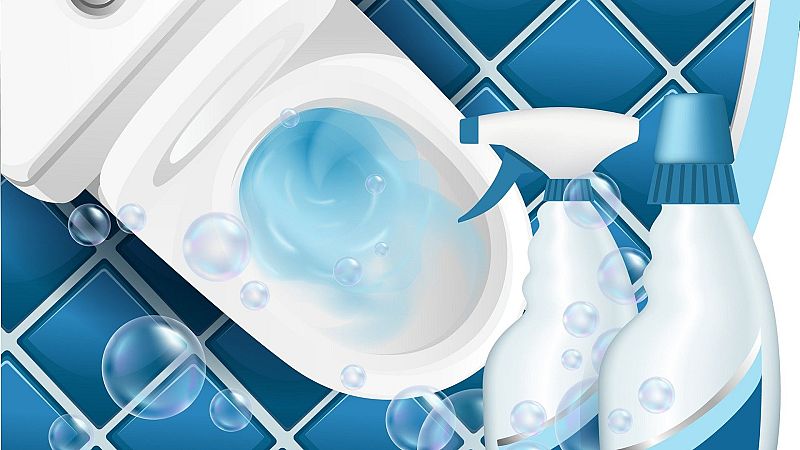Ilustración de un baño con inodoro, burbujas y botellas de limpieza sobre azulejos azules brillantes.