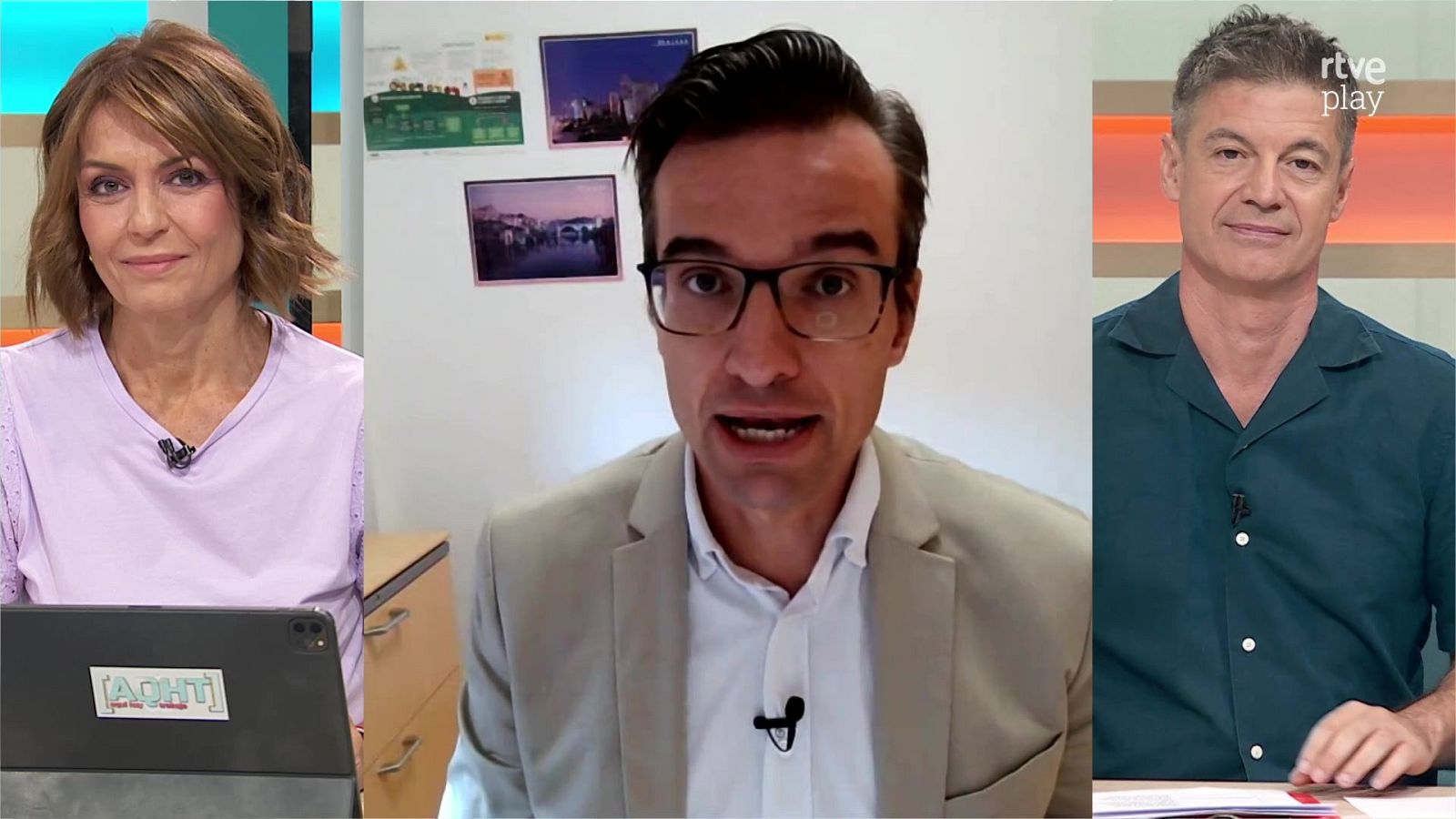 Pantalla dividida con Mónica López, un invitado y Marc Calderó, mostrando "ACHT" y "rtve play".