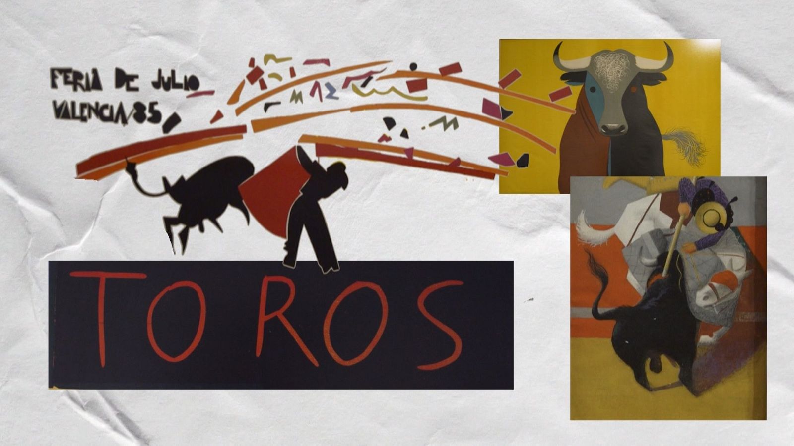 Collage taurino con "FERIA DE JULIO VALENCIA 85", ilustraciones de toros y picador a caballo. Fondo de papel arrugado.