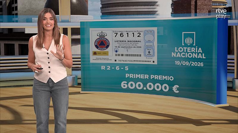 Marta Solano en plató con panel de Lotería Nacional mostrando el número 76112 y fecha 19/09/2026. Se destaca el primer premio de 600.000€.