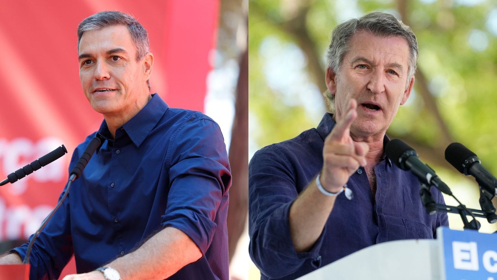 Pedro Sánchez y Alberto Núñez Feijóo, líderes políticos españoles, son presentados en un formato comparativo, cada uno en un escenario distinto.