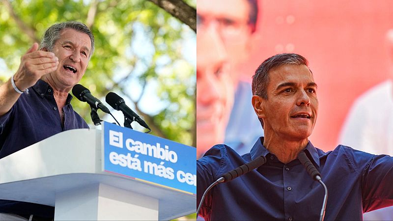 Juanma Moreno Bonilla discursea con el lema "El cambio está más cerca" y Pedro Sánchez en un acto político. Ambos líderes visten camisas azules oscuras.