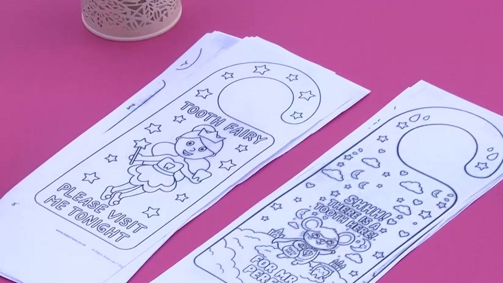 Colgadores de puerta infantiles para colorear con diseños de hada y ratón superhéroe, relacionados con la tradición de los dientes de leche.