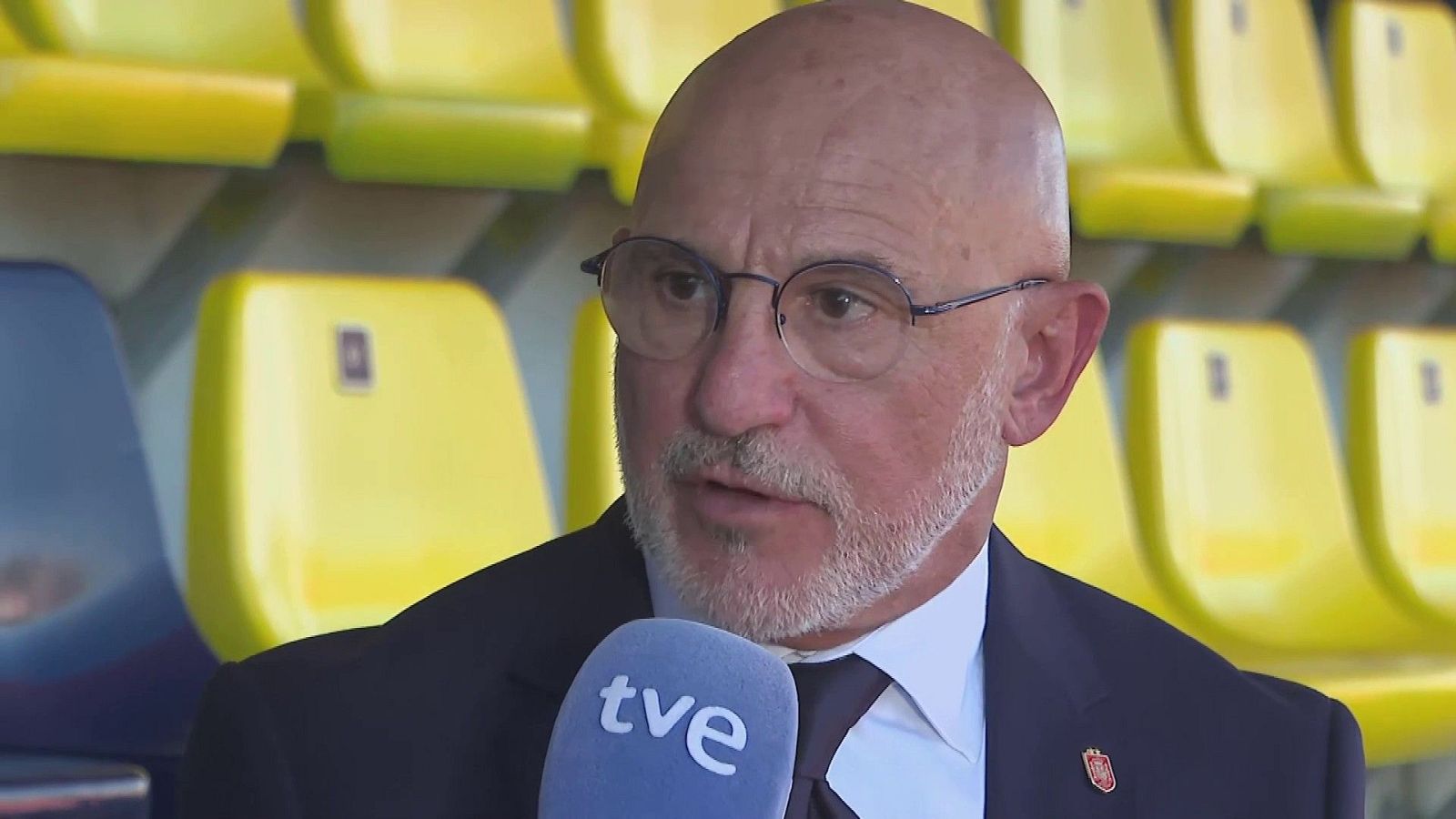 Primer plano de Luis de la Fuente, seleccionador español de fútbol, con gafas y traje oscuro, hablando a un micrófono de TVE en un estadio.