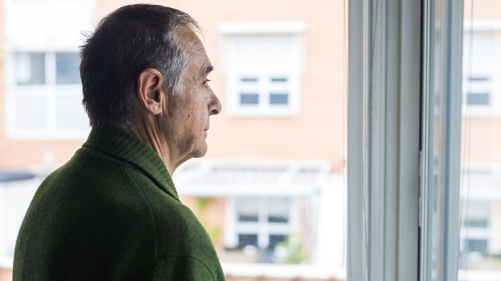 Primer plano de un hombre mayor de perfil, mirando por una ventana. Viste cárdigan verde oscuro. Se aprecian detalles de su rostro y el exterior desenfocado.