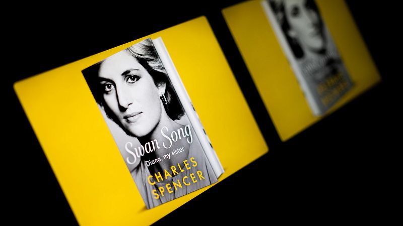 Libro "Swan Song: Diana, My Sister" de Charles Spencer, con retrato de Diana, Princesa de Gales en portada, sobre fondo amarillo y negro.