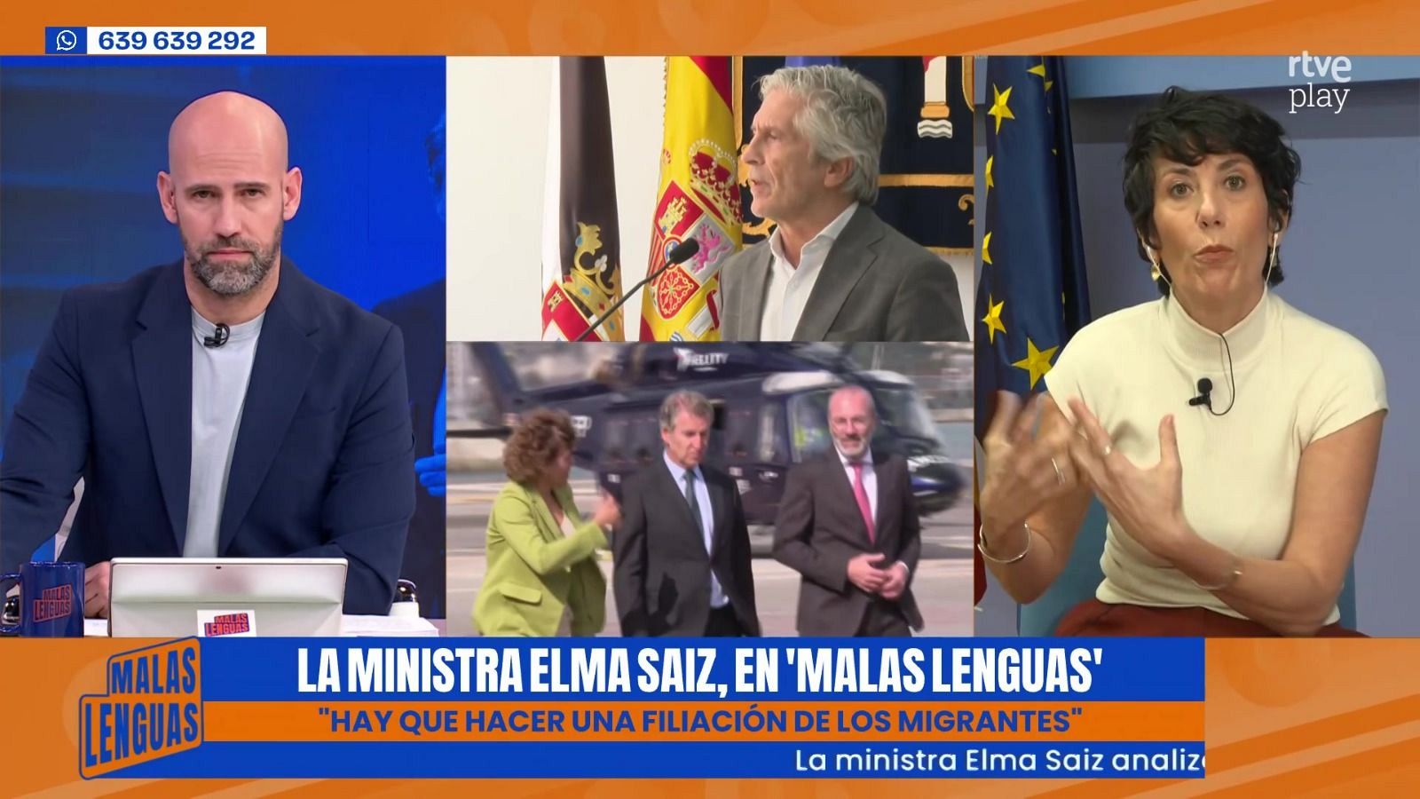 Captura de "MALAS LENGUAS" (RTVE Play) con la Ministra Elma Saiz hablando sobre migrantes, acompañada de Félix Bolaños, Margarita Robles, Fernando Grande-Marlaska y José Manuel Albares. Titular: "LA MINISTRA ELMA SAIZ, EN 'MALAS LENGUAS'". Teléfono: 639 639 292.