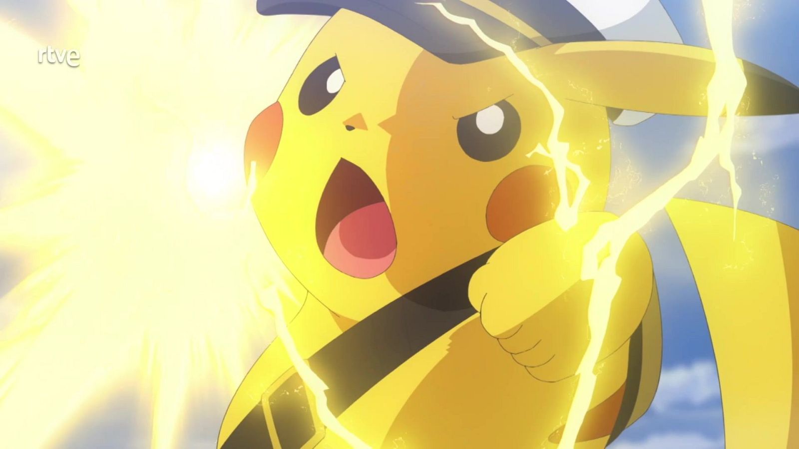 Capitán Pikachu de "Pokémon Horizontes" en acción, rodeado de energía eléctrica amarilla. Logo de "rtve" visible.