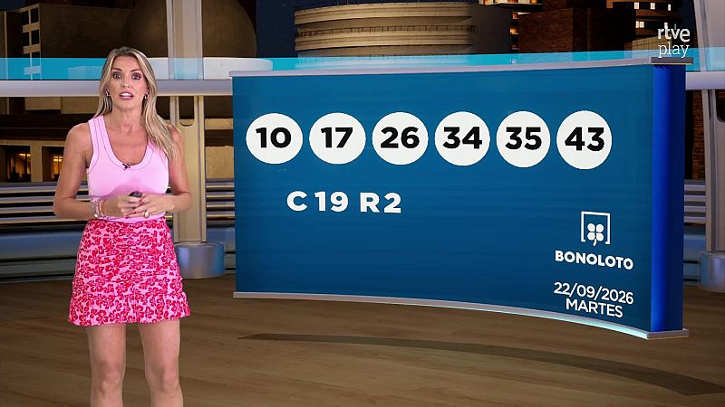 Sandra Daviú presenta los números ganadores del Bonoloto: 10, 17, 26, 34, 35, 43. La pantalla muestra "C 19 R2", el logo de Bonoloto y la fecha "22/09/2026".