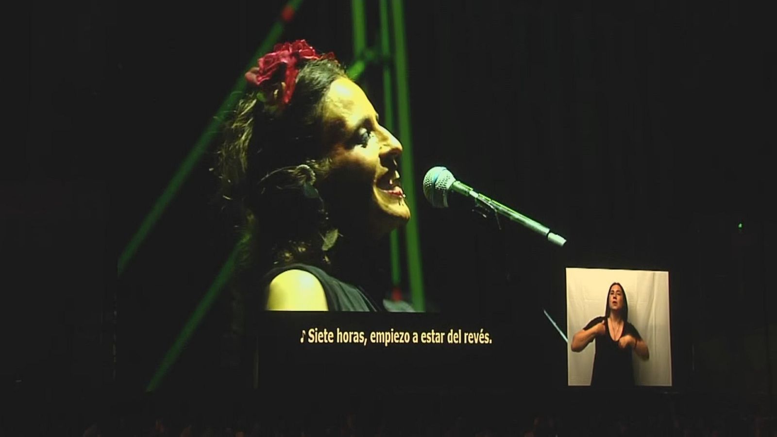 Cantante en concierto con letra en pantalla y una intérprete de lengua de signos en un recuadro.