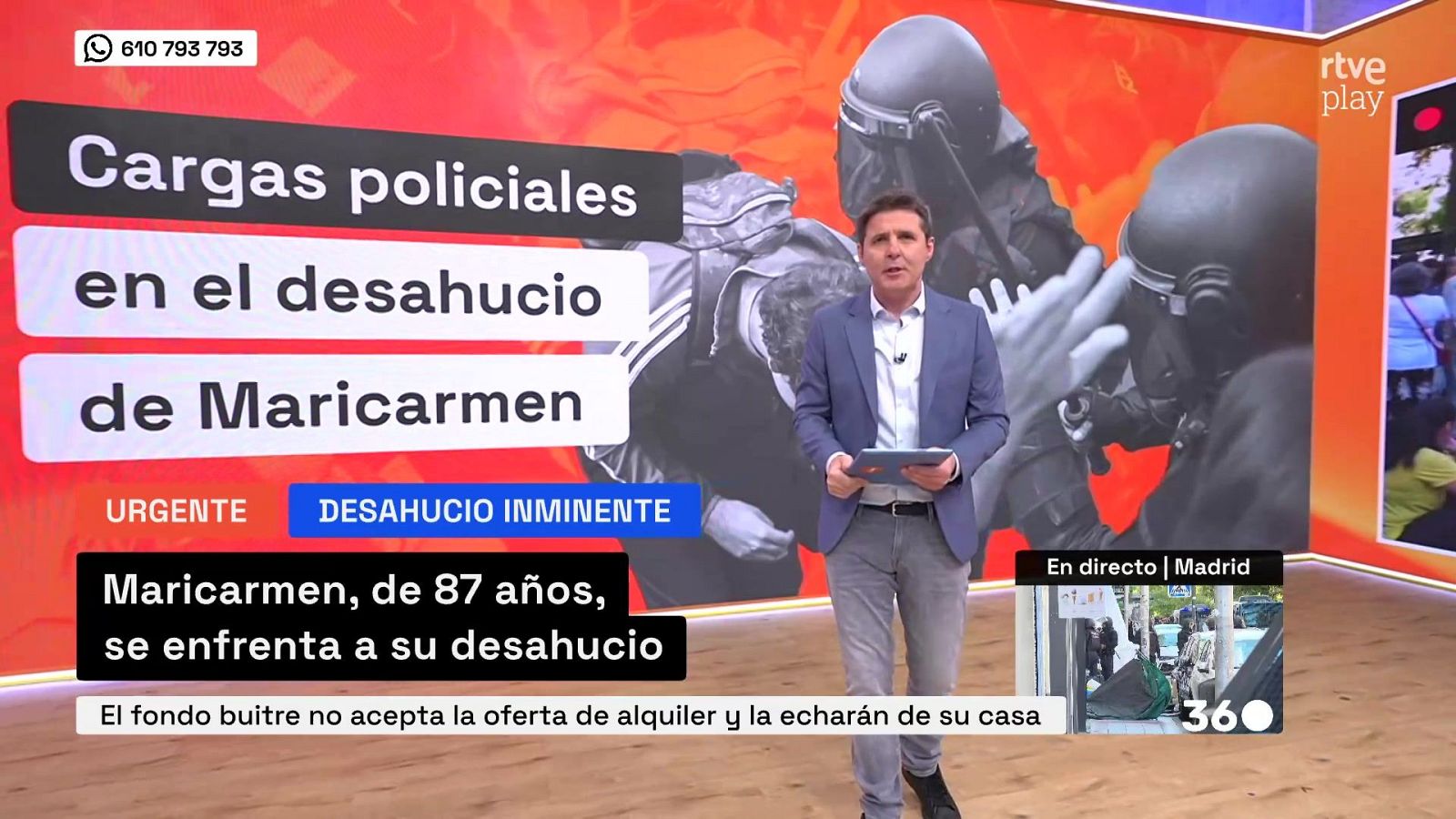 Carlos Franganillo presenta en RTVE el desahucio de Maricarmen, de 87 años, con cargas policiales y la intervención de un fondo buitre.