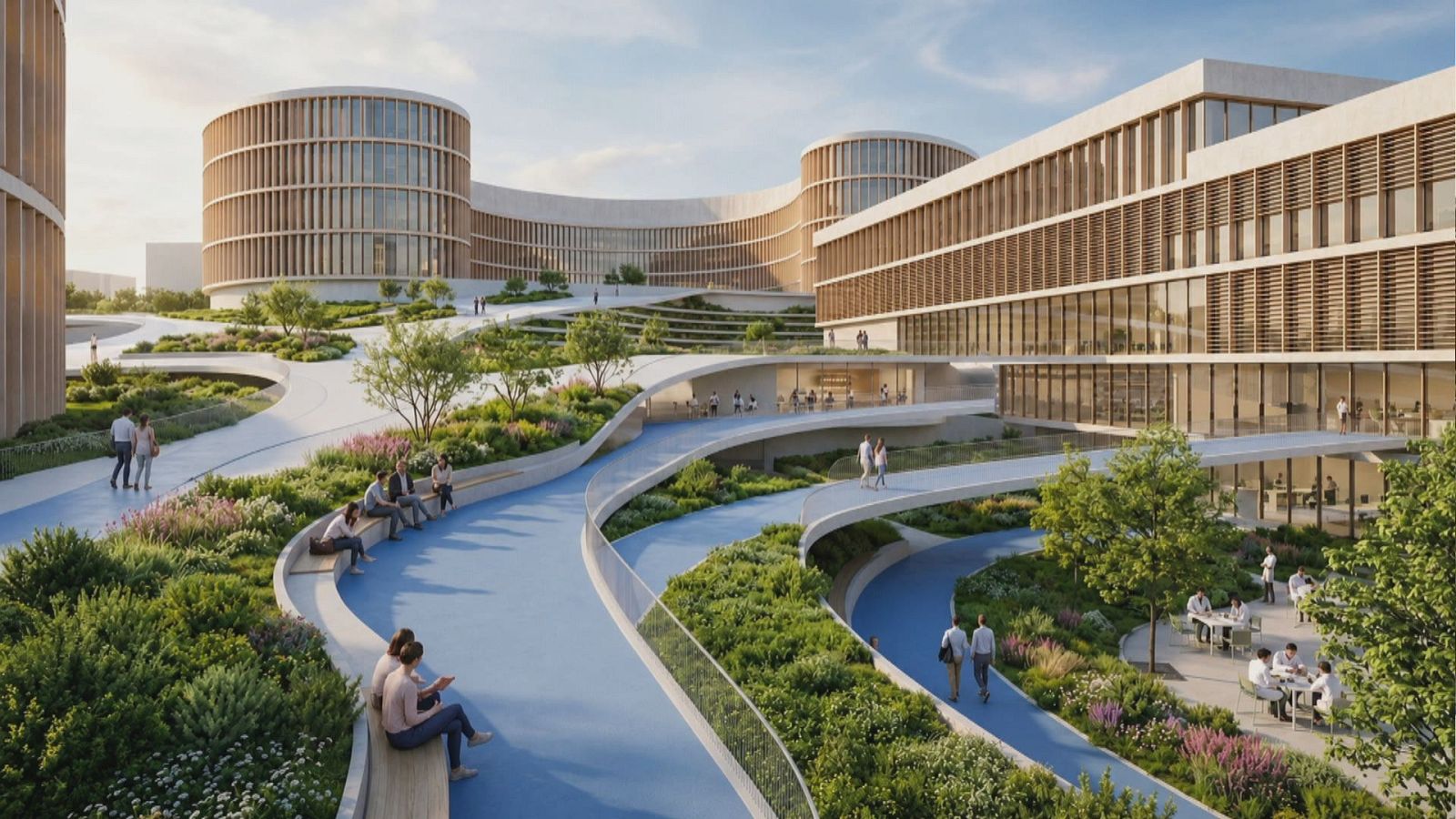 Vista aérea de un campus tecnológico con edificios modernos, zonas verdes y personas interactuando en un entorno innovador y natural.