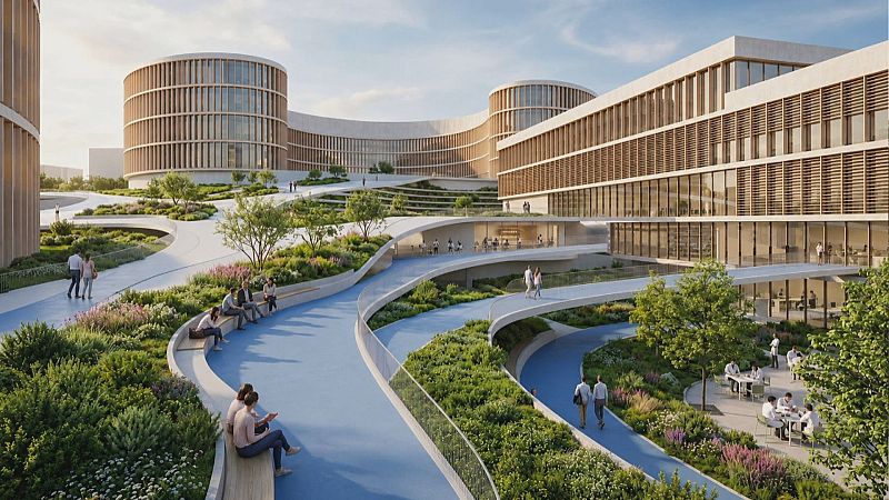 Vista aérea de un campus tecnológico con edificios modernos, zonas verdes y personas interactuando en un entorno innovador y natural.