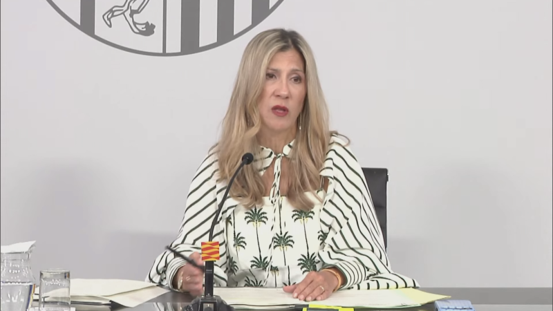 Mar Vaquero, Vicepresidenta Segunda del Gobierno de Aragón, en una comparecencia pública, con un bolígrafo en mano, micrófono y la bandera de Aragón sobre la mesa.