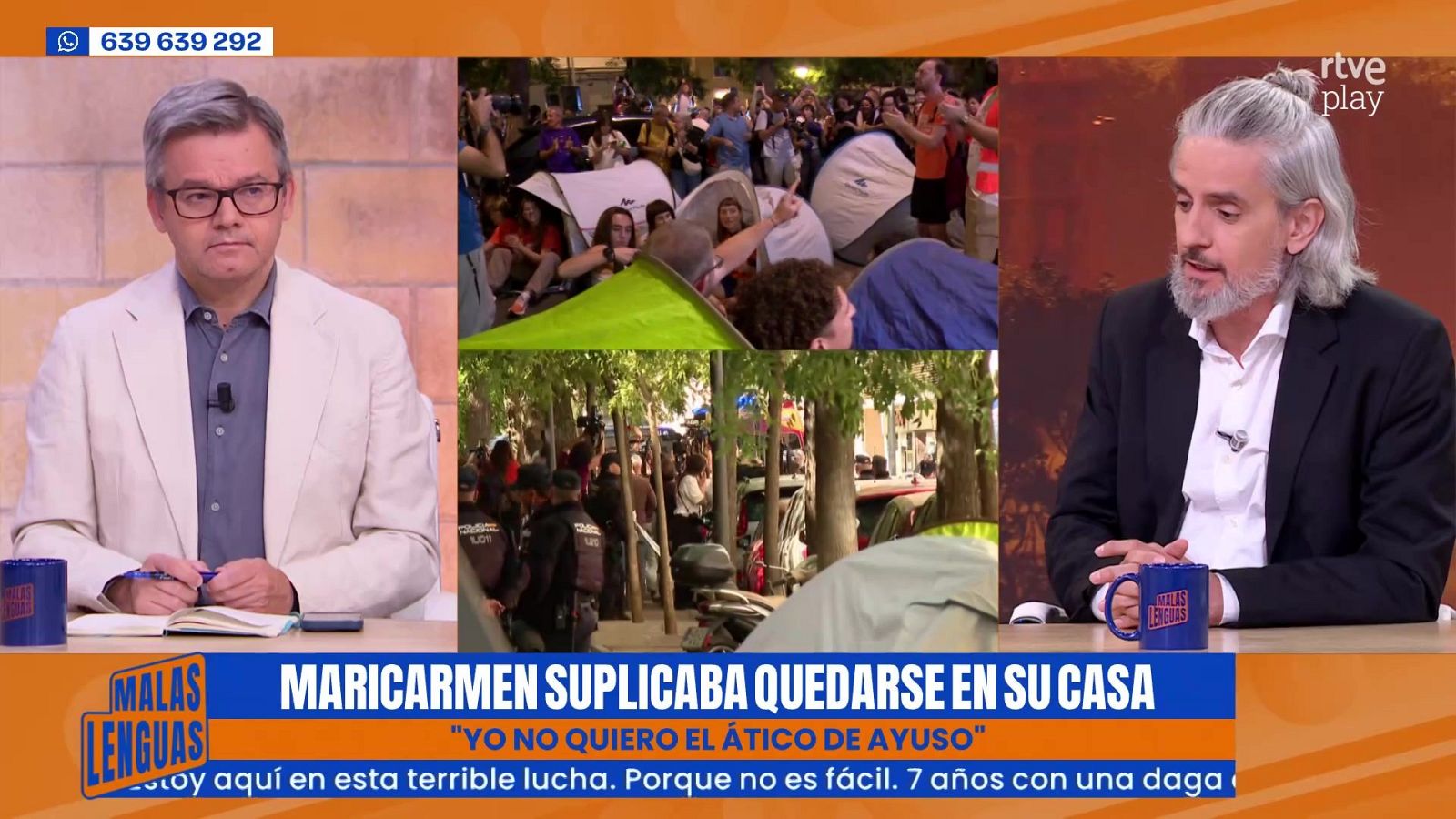 Juan Ramón Lucas y Quique Peinado presentan "Malas Lenguas" en RTVE Play, con titulares sobre Maricarmen y el "ático de Ayuso", y escenas de protestas.