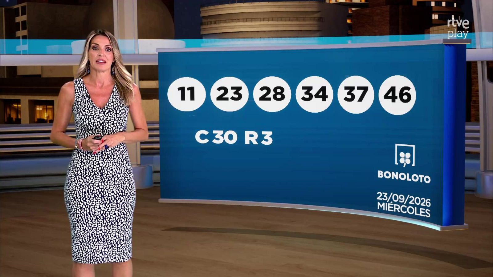 Sandra Daviú presenta los números de la Bonoloto: 11, 23, 28, 34, 37, 46. Complementario 30, Reintegro 3. Sorteo del 23/09/2026.