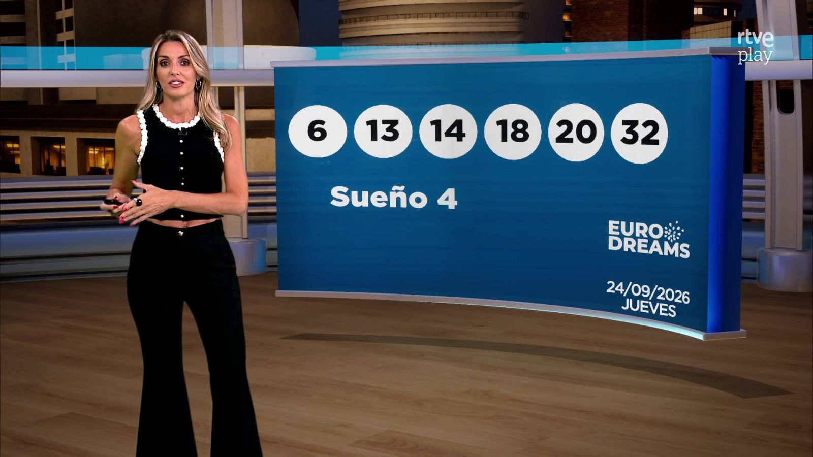 Sandra Daviú presenta los números del sorteo "Sueño 4" de "EURO DREAMS" el 24/09/2026, con el logo de rtve play visible.