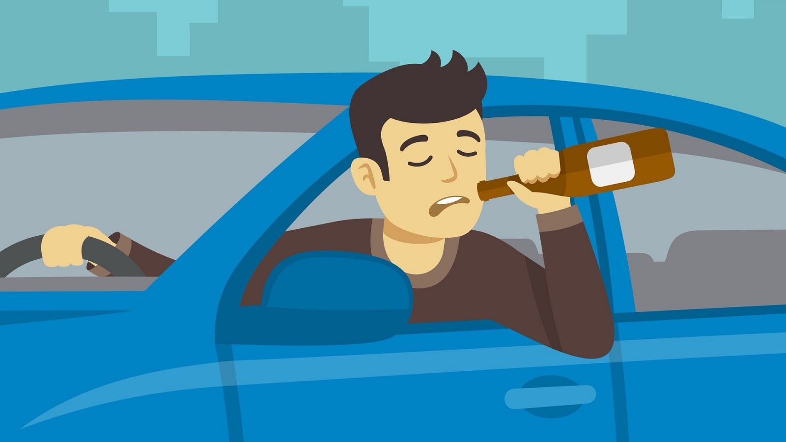 Hombre somnoliento bebe de una botella al volante de un coche azul en un entorno urbano. Ilustración que alerta sobre los peligros de conducir bajo los efectos del alcohol.