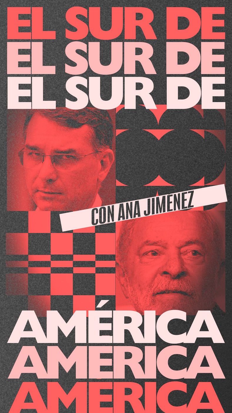 Diseño collage con "EL SUR DE AMÉRICA" y "CON ANA JIMENEZ", incluyendo retratos de Zapatero y Lula da Silva en tonos rojos y blancos sobre fondo gris.